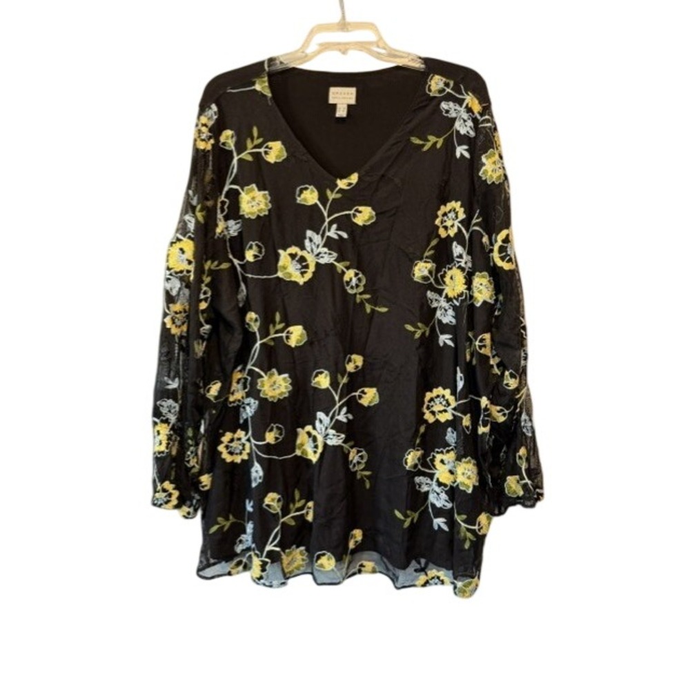 Susan Graver 3X Black Floral Embroidered Mesh Tunic Top V Neck Boho Plus Size